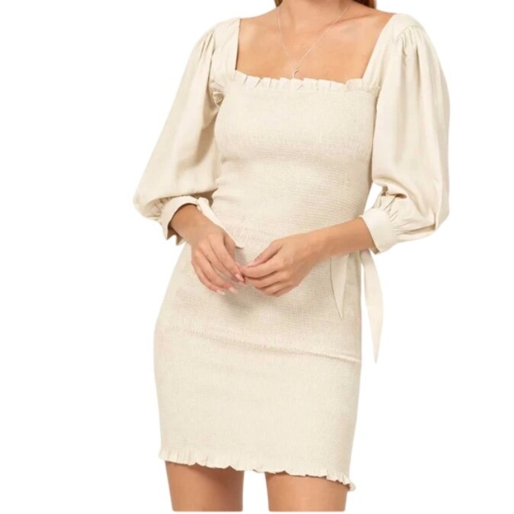 NWOT Smocked Puff Sleeve Square Neck Bodycon Mini Dress‎ Beige SZ M Boho Wedding
